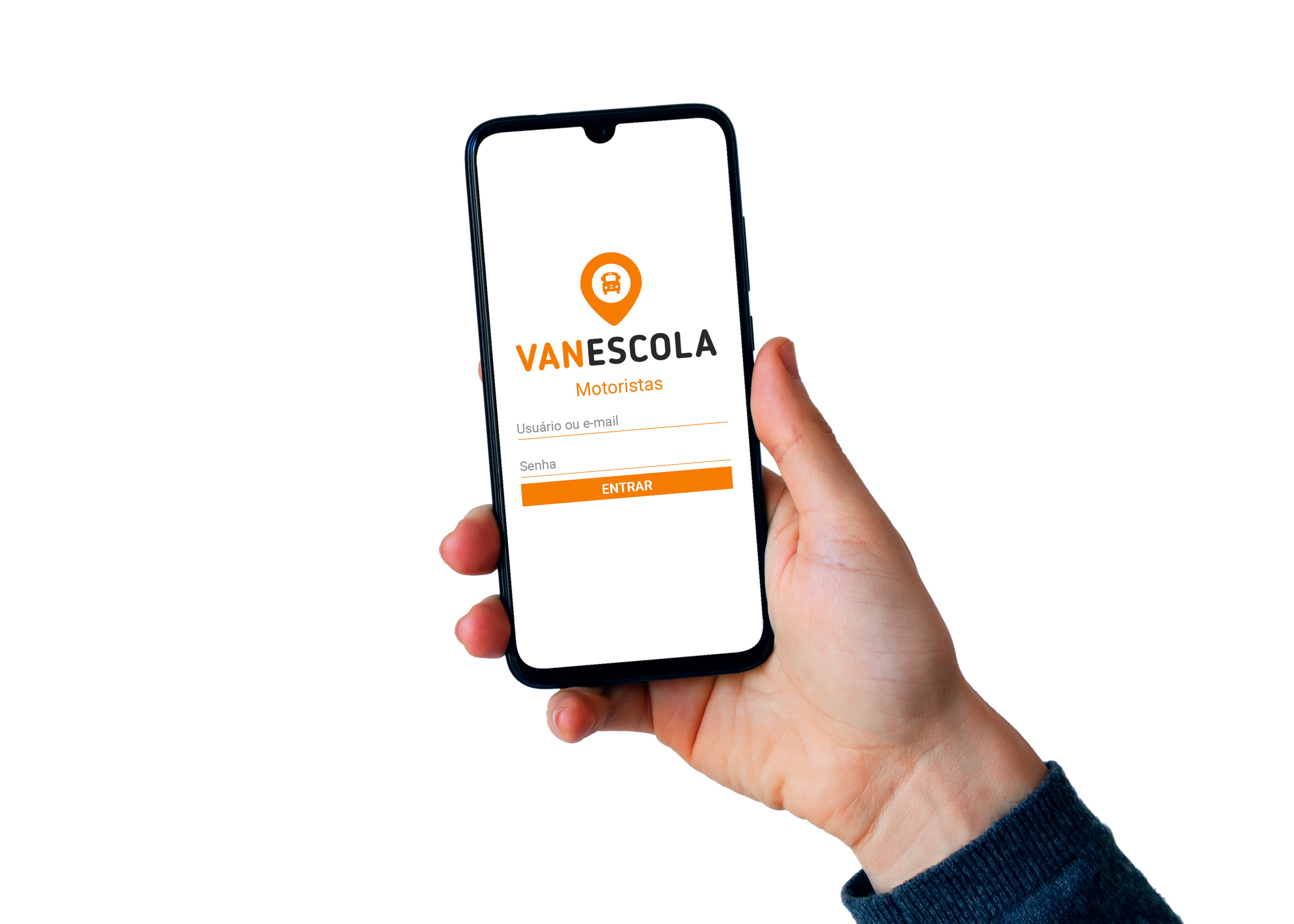 Mão segurando um celular com a tela de login do aplicativo VanEscola Motoristas