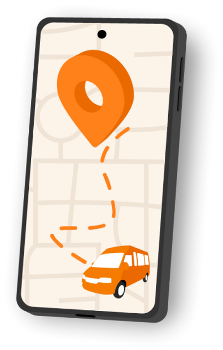 Ilustração de um celular com o aplicativo VanEscola mostrando um mapa com rota e van escolar